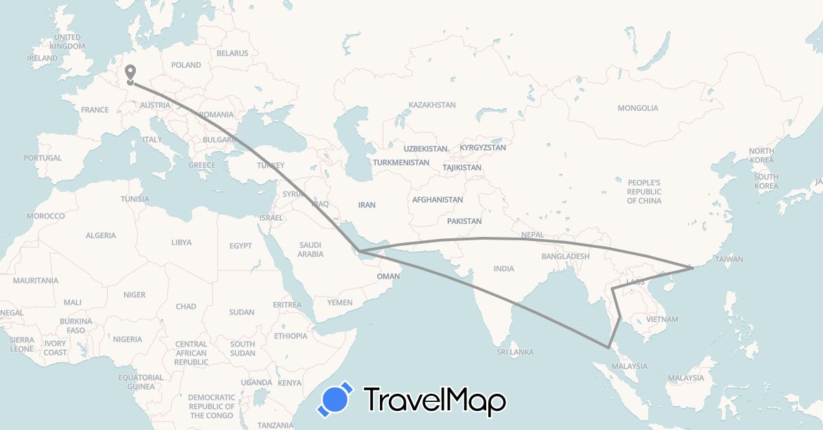 TravelMap itinerary: driving, plane in Germany, Hong Kong, Qatar, Thailand (Asia, Europe)
